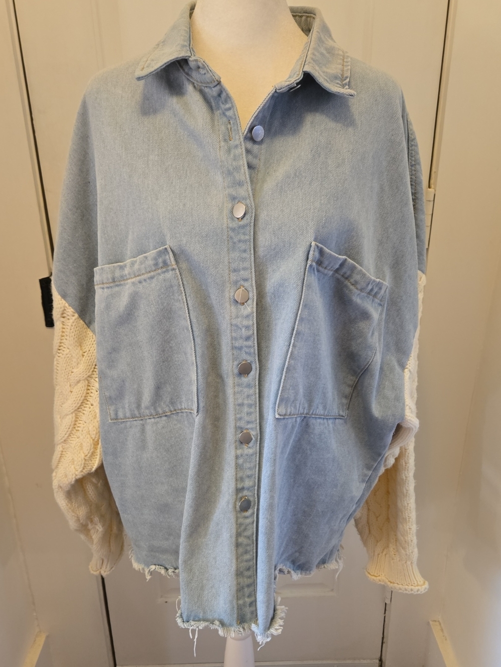 Pol Lightwash Oversized Denim Jean Jacket with Sweater Sleeves Size M